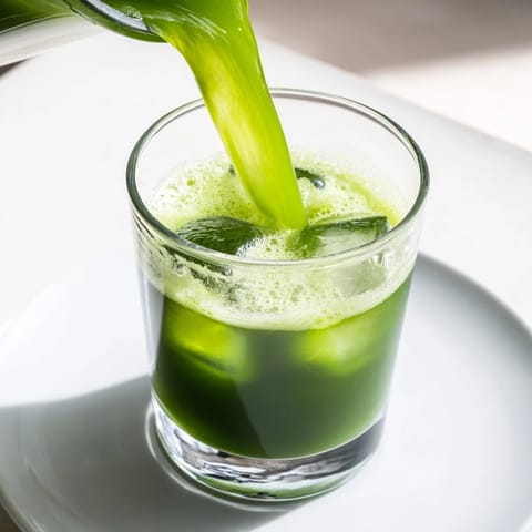 The bright green Cabbage and Kale Detox Juice is poured into a mason jar, showing off its fresh, nutrient-rich texture.  