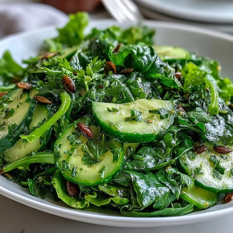 A vibrant Glowing Green Salad showcasing crisp cucumber, celery, and mixed greens tossed in a lemony vinaigrette.
