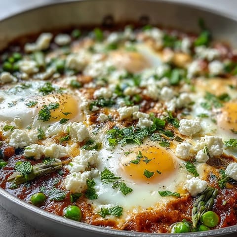 Spring vegetables including tender peas and broad beans simmer in a skillet, making this colorful shakshuka a perfect vegetarian main course.