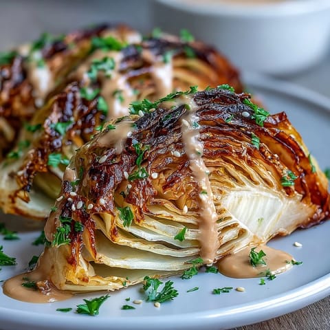 Golden-brown roasted cabbage wedges topped with nutty tahini, ready to serve.