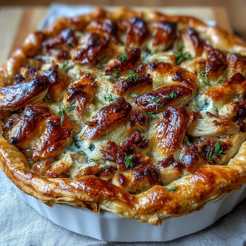 A close-up reveals tender chicken, sautéed leeks, and smoky bacon in a creamy sauce inside.