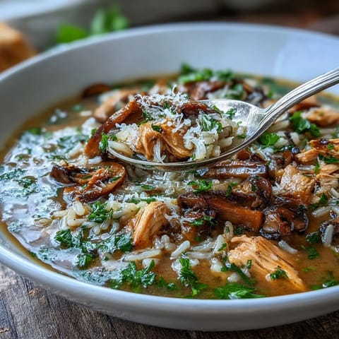 Creamy Parmesan Mushroom Chicken and Wild Rice Soup steaming in a rustic bowl with fresh parsley garnish.