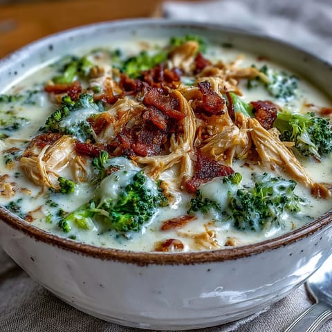 Best Chicken Broccoli Cheddar Soup served in a rustic bread bowl, perfect for a cozy American dinner.