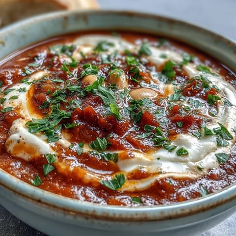 A pot of simmering white bean soup with tomato, showing diced onions, garlic, and bright red tomato chunks in broth.