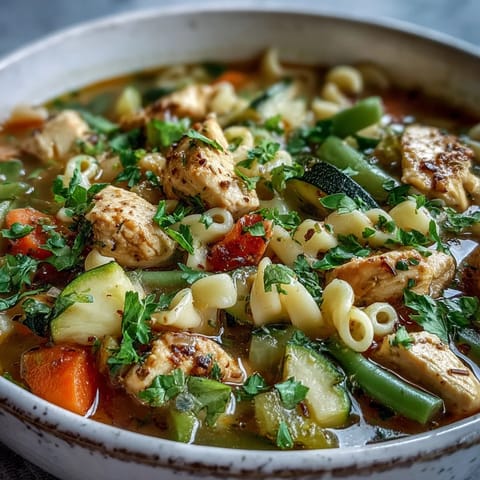 A hearty serving of Pasta Soup With Chicken and Vegetables paired with crusty bread, steam rising from a colorful bowl filled with fresh zucchini and green beans.