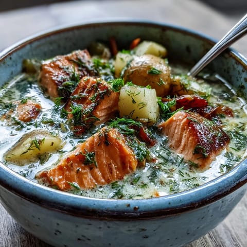 Creamy Finnish Salmon Soup simmering in a pot with tender salmon cubes, diced potatoes, and fresh dill garnish.