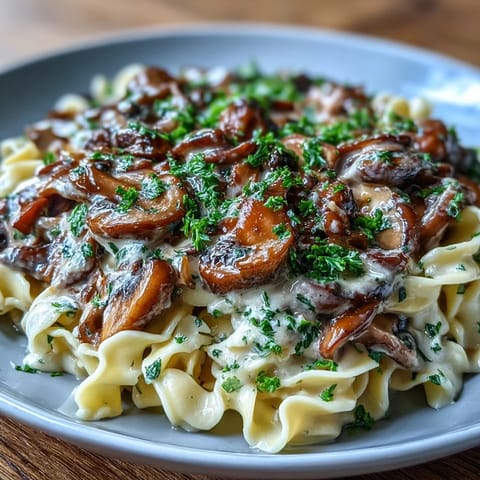 A close-up of Creamy Mushroom Stroganoff highlights golden-brown mushrooms in a luscious sauce, ready to serve over pasta.