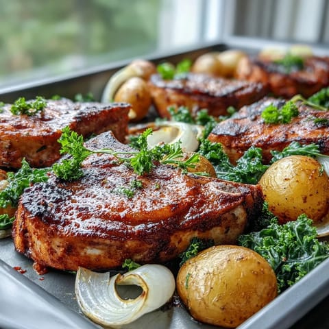 Juicy Aleppo pork chops with crispy potatoes and wilted greens, garnished with fresh lemon zest.
