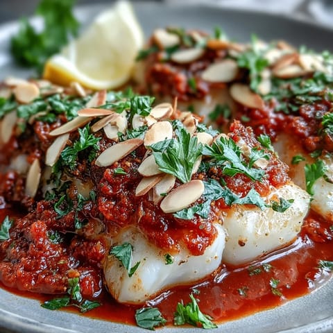 A plated serving of Tomato-Roasted Cod With Spiced Almonds next to lemon wedges and fresh parsley garnish.