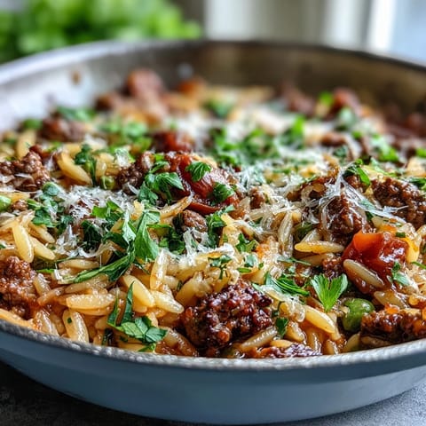 Forkful of tender orzo pasta and browned ground beef in savory tomato sauce with Parmesan.