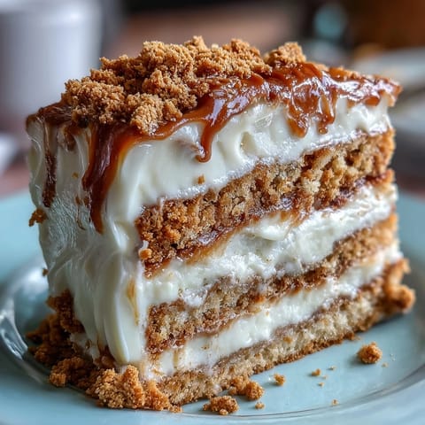 Homemade Decadent Baked Biscoff Cake topped with Creamy Lotus Frosting, featuring crunchy cookie crumbles and a rich caramel swirl.