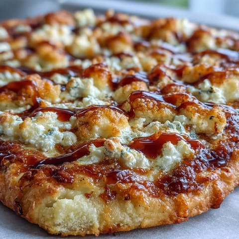 A freshly-baked Hot Honey Ricotta Pizza is cut into slices, with vibrant basil and glossy honey drizzle.