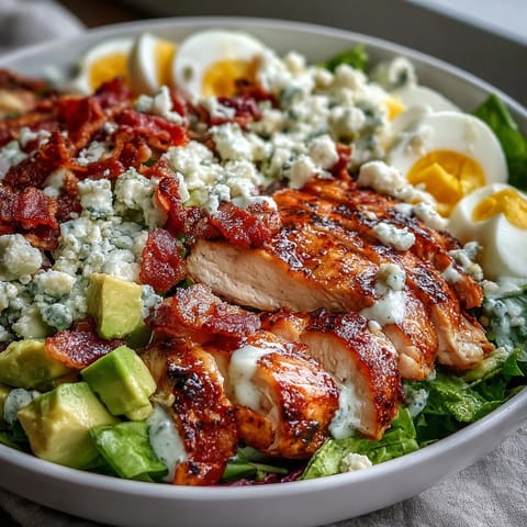 A classic Cobb Salad Bowl features hard-boiled eggs, ripe tomatoes, and fresh greens, all drizzled with ranch dressing.