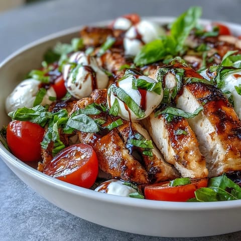 A close-up Caprese Chicken Bowl drizzled with dark balsamic reduction, showing juicy chicken and glossy mozzarella beside vibrant basil.