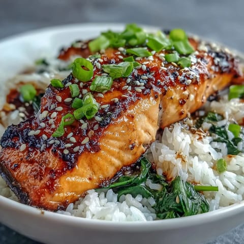 Steamed jasmine rice topped with miso glazed salmon and sautéed spinach, garnished with green onions and sesame seeds.