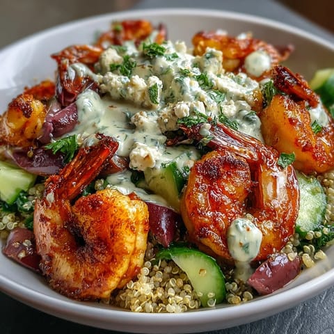 Sizzling Mediterranean shrimp atop quinoa and crisp vegetables, finished with tangy lemon tahini sauce.