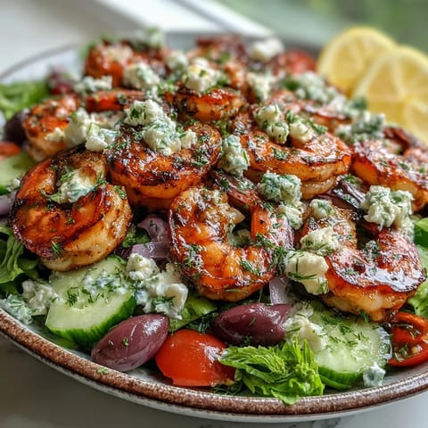 Vibrant Greek Shrimp Bowl featuring charred shrimp, briny olives, and crumbled feta, tossed in a zesty lemon dressing for fresh flavor.