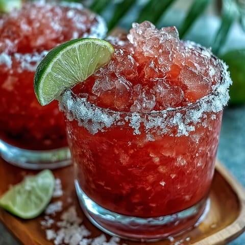 Bright pink Guava Margarita in a Tajín-rimmed glass, garnished with a lime wedge and fresh guava slice.