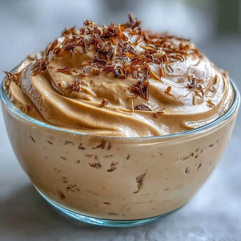 Creamy Hojicha Mousse served chilled in glass ramekins, topped with toasted tea leaves for a rustic garnish.