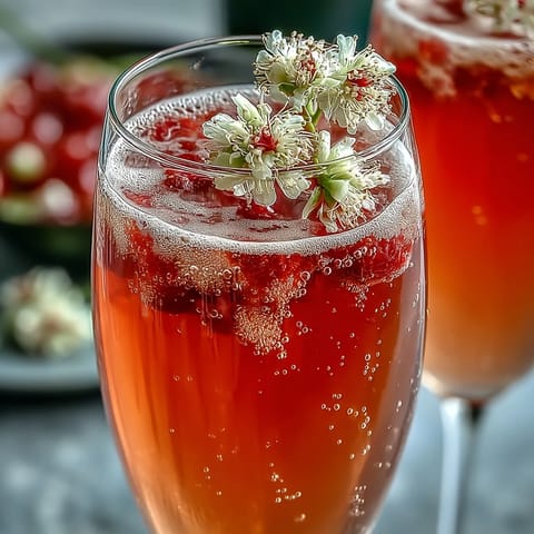 Fizzy champagne and pink guava nectar fill a champagne flute for the Elderflower Guava Mimosa. 