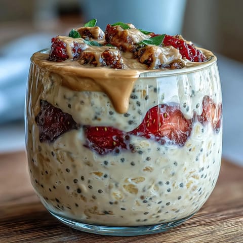 A creamy, protein-rich bowl of overnight oats topped with fresh strawberries and chia seeds, perfect for a healthy breakfast.
