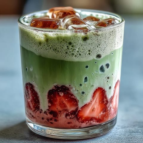 Vibrant strawberry matcha latte with creamy oat milk foam, layered with fresh strawberry puree and earthy matcha for a refreshing vegan drink.