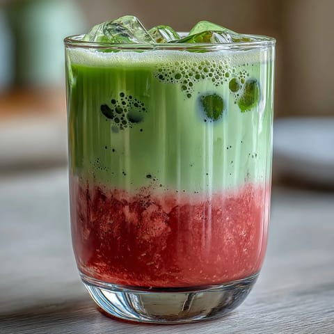 Vibrant layered iced latte featuring sweet strawberry purée, earthy matcha green tea, and rich coconut milk, served in a clear glass with ice cubes and fresh strawberry garnish, perfect for warm days.