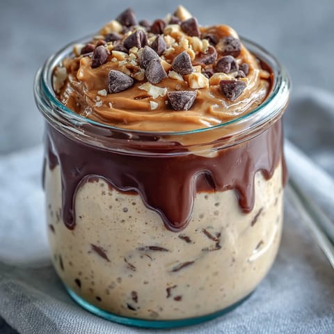 Creamy peanut butter cup overnight oats layered with rich chocolate and topped with mini chocolate chips in a glass jar.