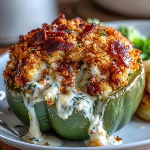 Funeral potatoes stuffed bell peppers are baked to golden perfection with creamy, cheesy filling and crunchy cornflake topping.