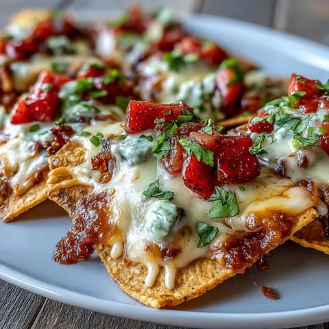 A vibrant summer party platter with crispy tortilla chips, melted cheese, and a fresh strawberry salsa bursting with color and flavor.
