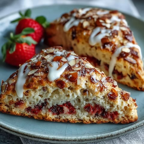 Fresh strawberry brown butter scones topped with crunchy almond slices, perfect for a cozy breakfast.