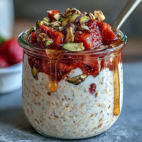 Strawberry and pistachio overnight oats with honey, topped with sliced berries and chopped nuts for a wholesome breakfast.  