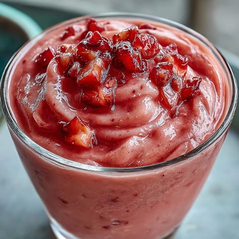 Creamy strawberry coconut daiquiri smoothie with vibrant red berries and a tropical coconut twist.  