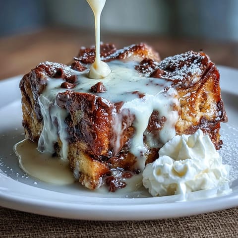 A warm, gooey chocolate croissant bread pudding with buttery layers and melted chocolate, baked to golden perfection for brunch or dessert.