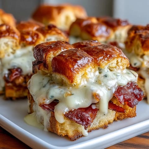 Golden baked sliders layered with turkey, crisp bacon, tomatoes, and rich Mornay sauce, ideal for festive gatherings.