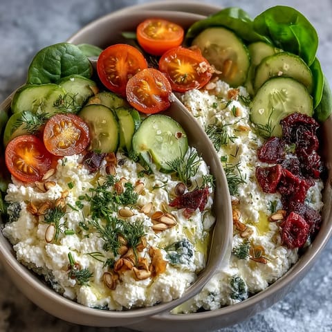 Savory cottage cheese breakfast bowl topped with crisp cucumber, cherry tomatoes, and a drizzle of olive oil for fresh flavor.