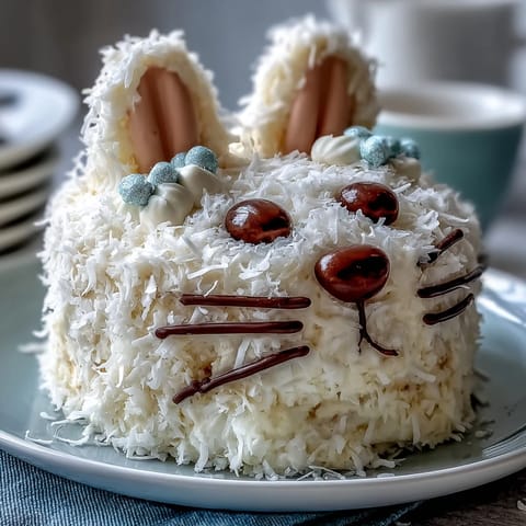 Whimsical Easter Bunny Cake with coconut frosting, perfect for spring celebrations and family gatherings.  