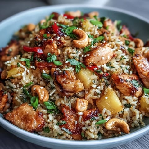 Vibrant Hawaiian pineapple chicken fried rice with tender chicken, colorful vegetables, and juicy pineapple chunks in a savory-sweet sauce.  