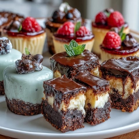 A beautifully arranged housewarming dessert bar with mini brownie bites, lemon cheesecake cups, and fruit tartlets.