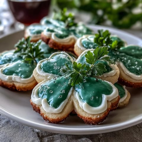Festive St. Patrick's Day shamrock sugar cookies decorated with smooth royal icing and green sprinkles.
