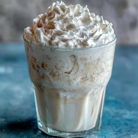 A creamy vanilla bean frappuccino protein shake in a tall glass, topped with light whipped cream and served with a straw.