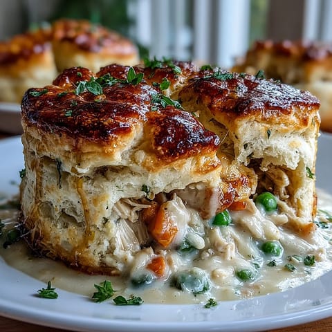 Golden creamy chicken pot pie with biscuit topping, vegetables and tender chicken in rich sauce baked under fluffy golden crust.