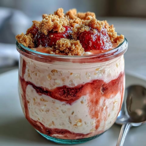 A creamy, layered jar of strawberry cheesecake overnight oats with fresh strawberries and crunchy graham cracker topping.