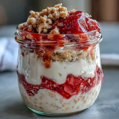 A breakfast parfait of vanilla-infused oats, sweet strawberries, and tangy cream cheese, topped with crushed graham crackers.
