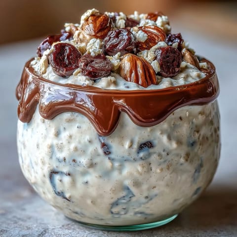 Creamy overnight oats with protein powder, chocolate chips, and almond butter, topped with crunchy walnuts for a cookie dough-inspired breakfast.