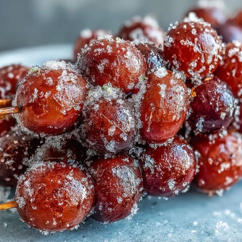 Frozen grape skewers with lime sugar, a refreshing summer snack, are arranged on a tray, glistening with zesty coating and frosty edges.