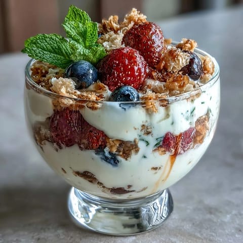 Vibrant Mothers Day brunch yogurt parfait bar with fresh berries, crunchy granola, and sweet honey drizzle, perfect for a festive family gathering.