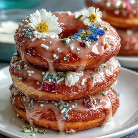 Baby in Bloom Mini Donut Tower with Flowers: a tiered display of pastel mini donuts adorned with edible flowers and mint leaves.  