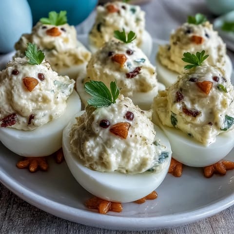 Cute deviled egg chicks with carrot beaks and peppercorn eyes, perfect for Easter appetizers and kid-friendly snacking.