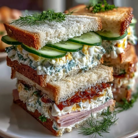 Elegant Kentucky Derby Tea Sandwich Trio featuring cucumber, egg salad, and ham on soft crustless bread, perfect for Southern gatherings.